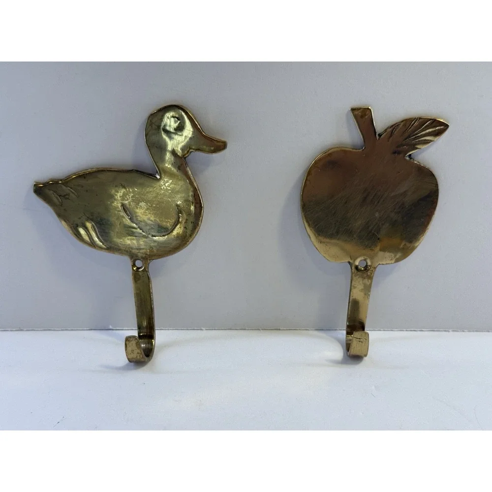 VTG Brass Duck & Apple Hook Lot Coat Hanger Wall Bird Fowl Fishing Hunting Set